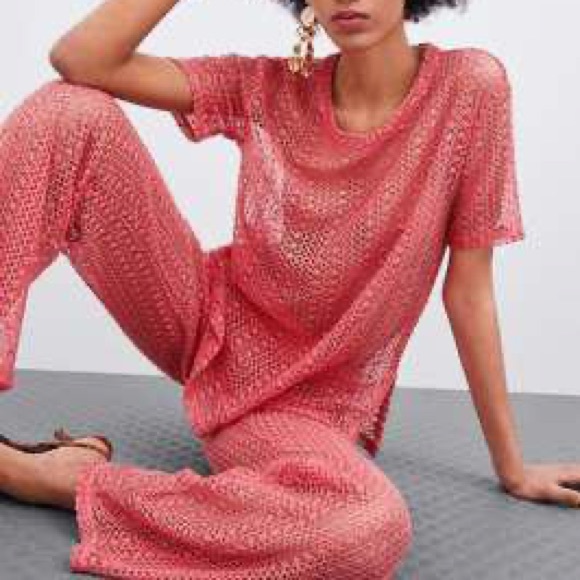 Zara salmon pink 2 pieces lace open knit top and pants NWT - Picture 4 of 6